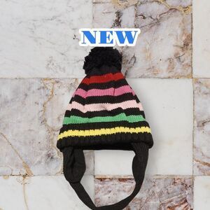 NEW The Children's Place Baby Hat 18-24 Months Black Multi-Color Striped Pom Pom